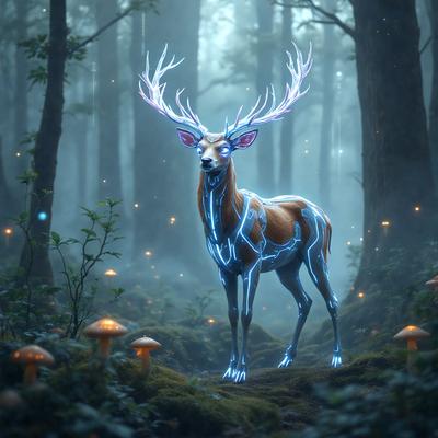 Primary subject: A glowing deer with antlers.

Setting/background: A forest with trees and mushrooms.

Visual style: Digital art.

Colors and mood: The deer has a blue glow, and the forest has a dark and mysterious atmosphere.